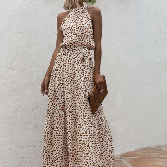 Dalmatian Print Ruffle Hem Belted Halter Dress - Picture 8 of 9